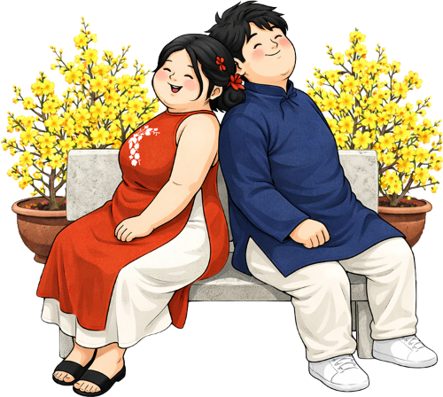 Cô gái và chàng trai, ngồi tựa lưng vào nhau mỉm cười, phụ nữ và đàn ông, cặp đôi, áo dài, tết, hoa mai vàng, chậu cây, ghế đá, bình yên, hạnh phúc, girl and boy, sitting back to back and smiling, woman and man, couple, ao dai, lunar new year, yellow apricot blossom, flower pot, stone bench, peaceful, happy