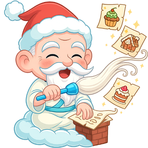 Ông bụt, sáng tạo, cổ tích, giáng sinh, mũ giáng sinh, công thức bánh, mây, ống khói, the good spirit, creating, fairy tale, christmas, santa hat, cake recipe, cloud, chimney
