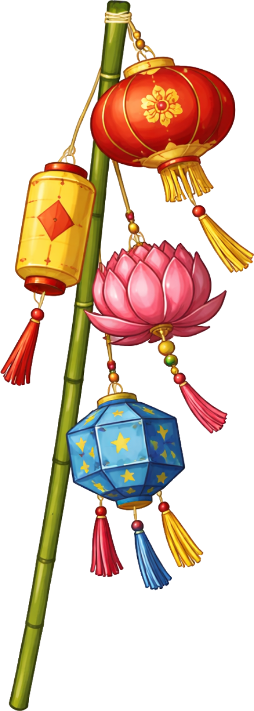 Cây nêu, lồng đèn hoa sen, lồng đèn kéo quân, lồng đèn ngôi sao, tre, tết nguyên đán, hồng, xanh dương, vàng, trang trí, bamboo pole, lotus lantern, revolving lantern, star lantern, bamboo, lunar new year, pink, blue, yellow, decoration