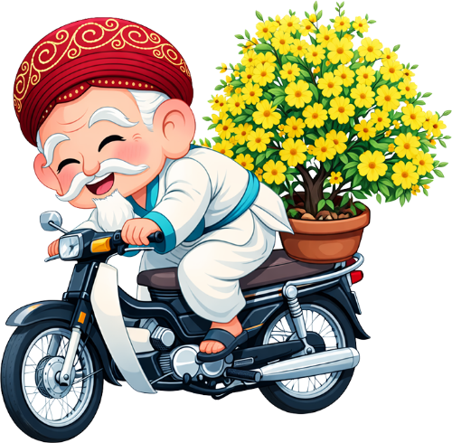 Ông bụt, lái xe máy, cổ tích, cây hoa mai, chậu hoa lớn, xe cub, tết nguyên đán, giao hoa, nhộn nhịp, fairy godfather, riding motorcycle, fairy tale, yellow flower, large flower pot, cub motorbike, lunar new year, flower delivery, bustling