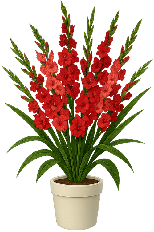 Cây hoa lay ơn, hoa đỏ, cây cảnh, chậu trắng, hoa, lá xanh, gladiolus plant, red flower, potted plant, white pot, flower, green leaves