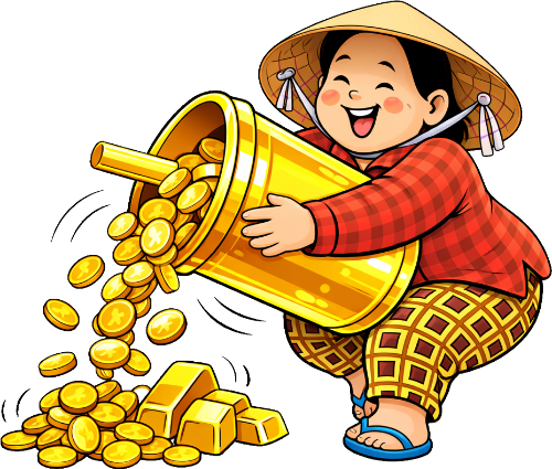 Bà cô, đang đổ vàng từ ly, phụ nữ, nón lá, áo sơ mi kẻ caro đỏ, đồng vàng, thỏi vàng, ly nước lớn, giàu có, may mắn, mỉm cười, middle-aged woman, pouring gold from a cup, woman, conical hat, red plaid shirt, gold coins, gold bars, large cup, wealthy, lucky, smiling