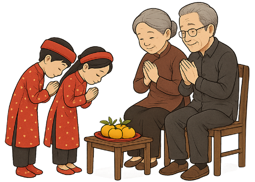 Trẻ em, chúc tết, tết nguyên đán, trang phục truyền thống, áo dài, văn hóa, ông bà, bàn, ghế, trái cây, children, tet greetings, lunar new year, traditional costume, ao dai, culture, grandparents, table, chair, fruit