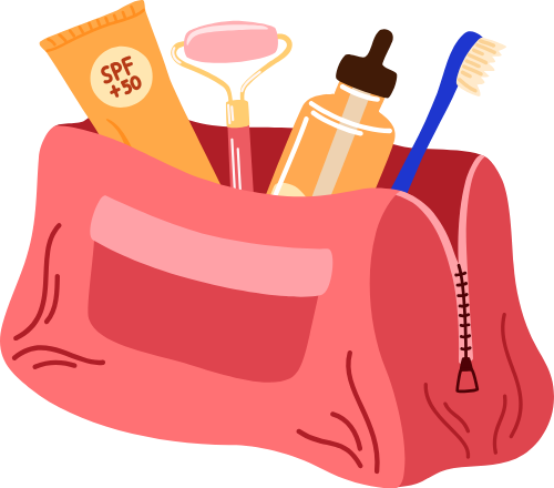 Túi mỹ phẩm, đồ cá nhân, kem chống nắng, bàn chải, màu hồng, cosmetic bag, toiletries, sunscreen, toothbrush, pink