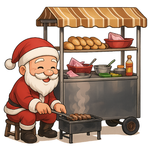 Ông già noel, nướng thịt, xe bán bánh mì, trang phục ông già noel, lò nướng, ghế, santa claus, grilling meat, bread cart, santa claus outfit, grill, chair