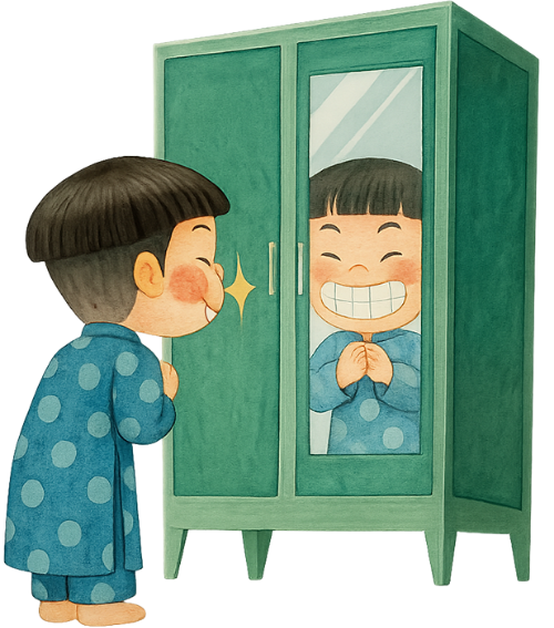 Cậu bé, tươi cười, tủ quần áo, gương, đồ ngủ, vui vẻ, boy, smiling, wardrobe, mirror, pajamas, happy