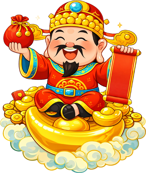 Thần tài, hân hoan, đàn ông, túi tiền đỏ, cuốn thư, thỏi vàng lớn, đồng xu, mây, trang phục đỏ, god of fortune, joyful, man, red money bag, scroll, big gold ingot, coin, cloud, red costume