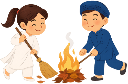 Cô gái và chàng trai, dọn dẹp, đốt lá, tết, em bé, áo dài, chổi, lửa, lá khô, màu trắng, màu xanh dương, girl and boy, cleaning up, burning leaves, tet, baby, ao dai, broom, fire, dry leaves, white, blue