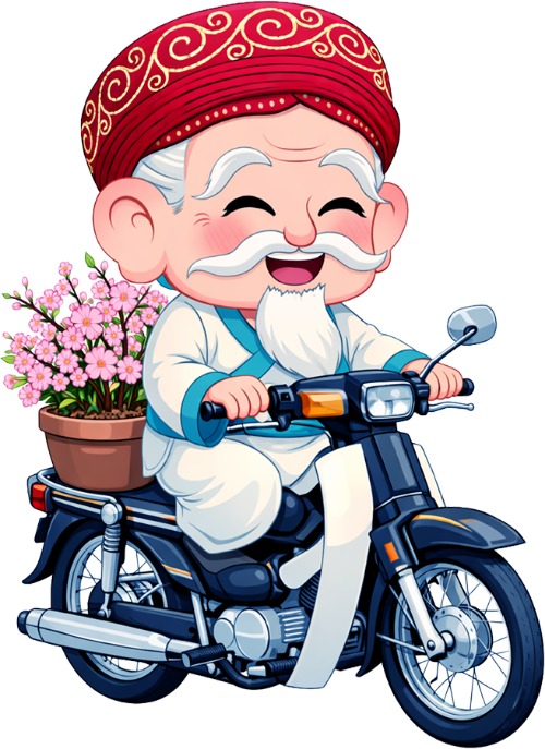 Ông bụt, lái xe máy, cổ tích, hoa đào hồng, chậu hoa, xe cub, tết nguyên đán, vận chuyển, du xuân, fairy godfather, riding motorcycle, fairy tale, pink cherry blossoms, flower pot, cub motorbike, lunar new year, transport, spring travel