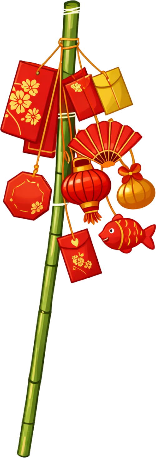 Cây nêu, bao lì xì, lồng đèn, tre, quạt giấy, cá chép, túi tiền, tết nguyên đán, đỏ, vàng, trang trí, bamboo pole, lucky money, red envelope, lantern, bamboo, paper fan, carp, money bag, lunar new year, red, yellow, decoration