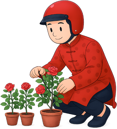 Chàng trai, chăm sóc cây, đàn ông, áo dài, mũ bảo hiểm, hoa hồng, tết, mùa xuân, chàng trai việt nam, red background, boy, tending to plants, man, ao dai, helmet, rose, tet, spring, vietnamese boy