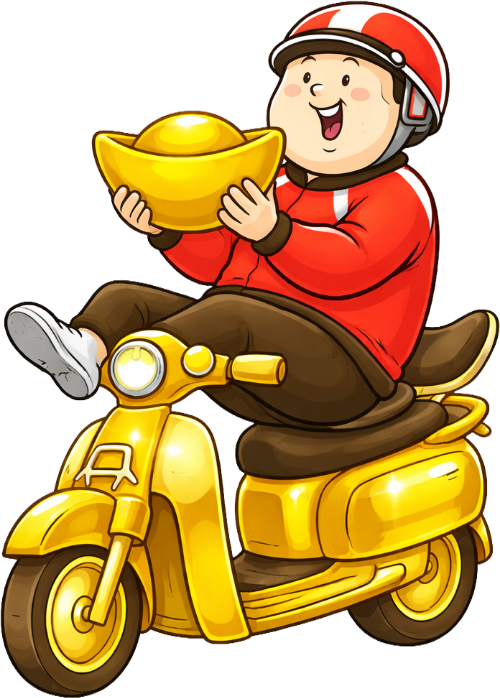 Chàng trai, ôm thỏi vàng, đàn ông, xe máy vàng, mũ bảo hiểm, tiền tài, may mắn, giàu có, thỏi vàng, màu vàng, vận chuyển, boy, holding gold ingot, man, golden scooter, helmet, wealth, luck, rich, gold ingot, yellow, delivery 1