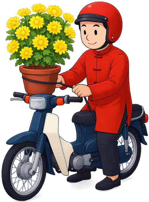 Chàng trai, lái xe máy, đàn ông, áo dài, mũ bảo hiểm, hoa cúc, tết, mùa xuân, trang trí, giao hàng, young man, riding motorcycle, man, ao dai, helmet, chrysanthemum, tet, spring, decoration, delivery 1