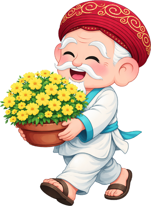 Ông bụt, bưng chậu hoa, cổ tích, hoa cúc vàng, tết nguyên đán, áo dài, khăn xếp, cười hạnh phúc, chậu cây, lễ hội, fairy godfather, carrying flower pot, fairy tale, yellow daisies, lunar new year, ao dai, turban, happy smile, plant pot, festival 8
