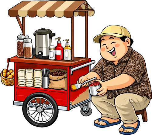 Chàng trai, sơn xe cà phê, đàn ông, màu sơn đỏ, cọ sơn, xe cà phê, hũ cà phê, hạt cà phê, ly giấy, nón kết, áo hoa, dép tông, ngồi xổm, coffee seller, painting coffee cart, man, red paint, paintbrush, coffee cart, coffee jars, coffee beans, paper cups, baseball cap, floral shirt, flip flops, squatting