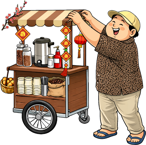 Chàng trai, trang trí xe cà phê, đàn ông, tết nguyên đán, xe gỗ, đèn lồng, bao lì xì, hoa đào, hũ cà phê, ly giấy, nón kết, áo hoa, dép tông, coffee seller, decorating coffee cart, man, lunar new year, wooden cart, lantern, lucky money envelope, cherry blossom, coffee jars, paper cups, baseball cap, floral shirt, flip flops