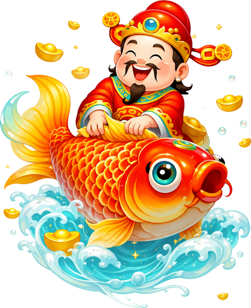 Thần tài, ôm cá chép, đàn ông, cá chép, thỏi vàng, tết, may mắn, tài lộc, cười tươi, God of wealth, hugging a carp, man, carp, gold ingot, lunar new year, luck, fortune, big smile