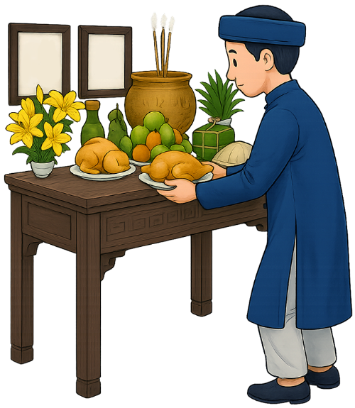Chàng trai, đặt gà cúng lên bàn, đàn ông, áo dài, bàn thờ, cúng bái, tết, mâm cỗ, young man, placing offering chicken on table, man, altar, worshipping, tet, offering tray