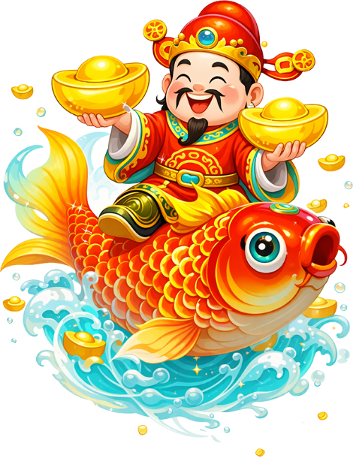 Thần tài, cưỡi cá chép lớn, đàn ông, cá chép, sóng nước, thỏi vàng, tết, may mắn, tài lộc, God of wealth, riding a big carp, man, carp, water waves, gold ingot, lunar new year, luck, fortune