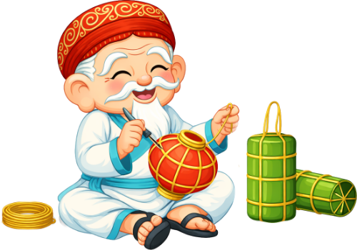 Ông bụt, làm đèn lồng, cổ tích, thủ công, bánh tét, dây vàng, tập trung, khéo léo, truyền thống, Buddha, making lantern, fairy tale, handicraft, sticky rice cake, gold string, concentrated, skillful, traditional