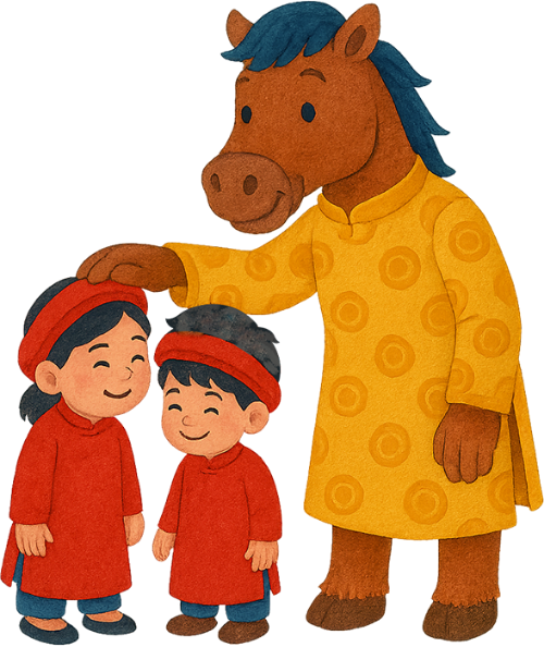 Ngựa, xoa đầu, trẻ em, tết nguyên đán, áo dài, horse, patting head, children, vietnamese lunar new year, ao dai