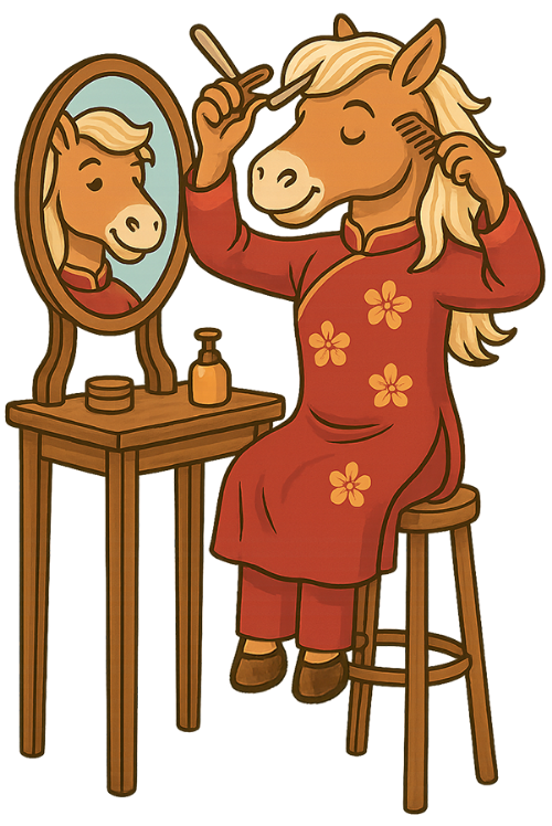 Ngựa, chải tóc, trang điểm, chuẩn bị tết, áo dài, gương, horse, combing hair, applying makeup, preparing for tet, ao dai, mirror