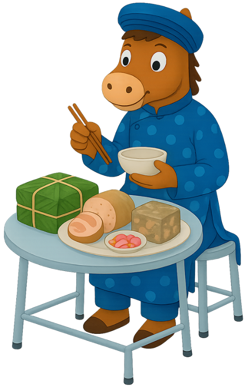 Ngựa, ăn bánh, bánh chưng, giò lụa, dưa hành, tết, áo dài, khăn xếp, bàn, ghế, horse, eating cake, banh chung, vietnamese sausage, pickled onion, tet, ao dai, turban, table, chair
