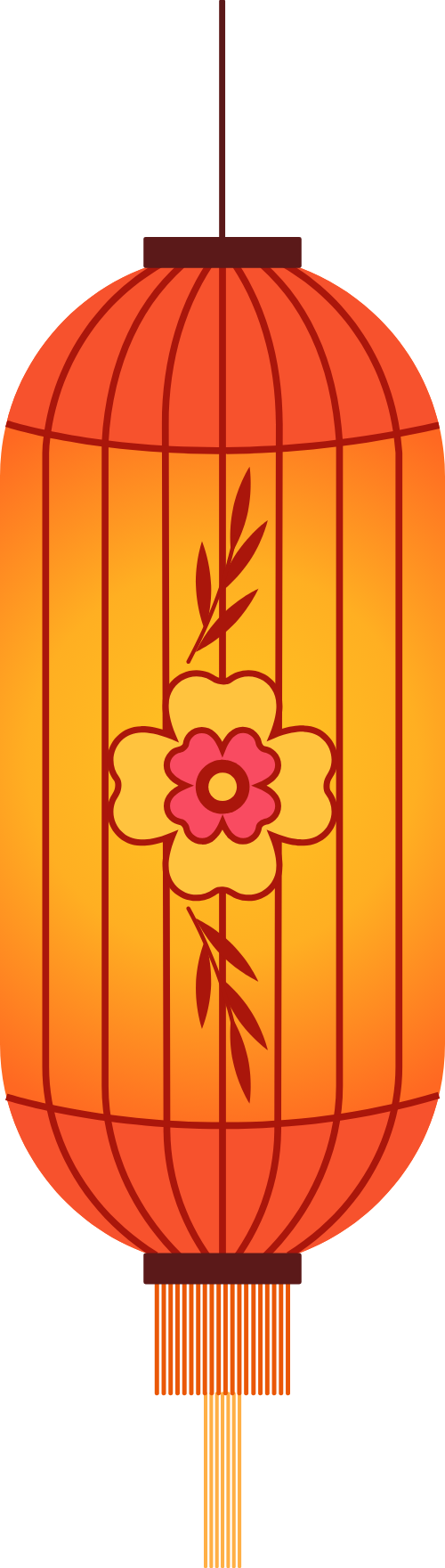 Đèn lồng trụ dài, đèn lồng, vàng cam, hoa hồng, cành lá, tua rua, trung thu, tết, trang trí, long cylinder lantern, lantern, orange yellow, pink flower, leaves, tassel, mid autumn, lunar new year, decoration