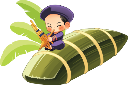 Em bé, thổi khèn, cậu bé, vui vẻ, bánh tét, lá chuối, khăn đóng, tết, baby, playing panpipe, boy, happy, cylindrical glutinous rice cake, banana leaf, traditional headgear, lunar new year 1