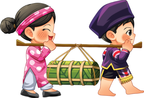 Chàng trai và cô gái, khiêng bánh chưng, trẻ em, áo dài, áo tứ thân, khăn đóng, bánh chưng, dân gian, tết, truyền thống, boy and girl, carrying banh chung, children, ao dai, ao tu than, headgear, sticky rice cake, folk, tet holiday, traditional