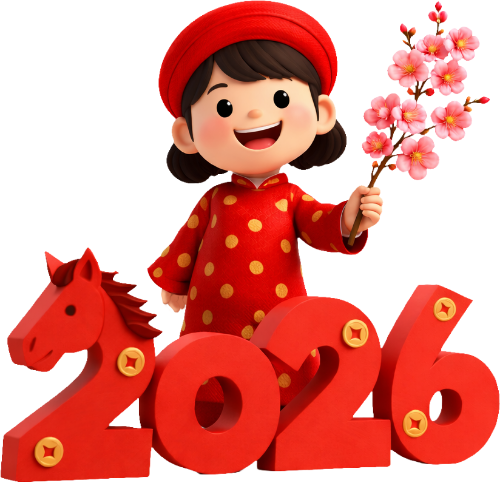 Số 2026, con ngựa, bé gái, nhành đào