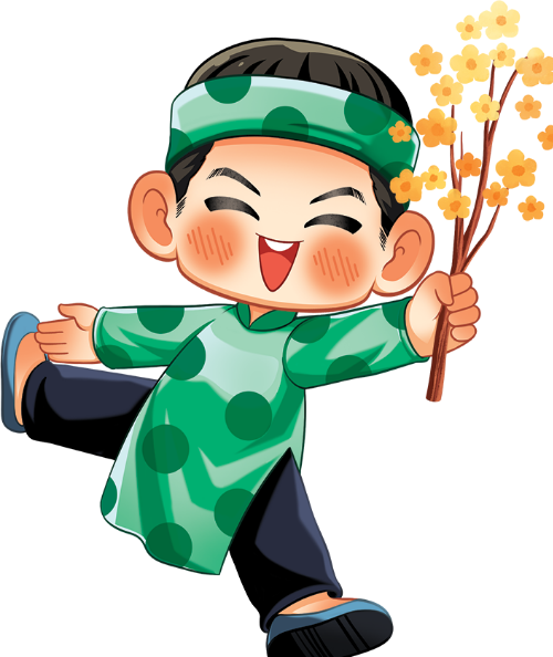 Chàng trai, cầm nhành mai, cổ tích, áo dài xanh lá, khăn đóng, nhảy múa, vui mừng, hoa mai vàng, tết, boy, holding apricot blossom, fairy tale, green ao dai, headscarf, dancing, joyful, yellow apricot flower, lunar new year