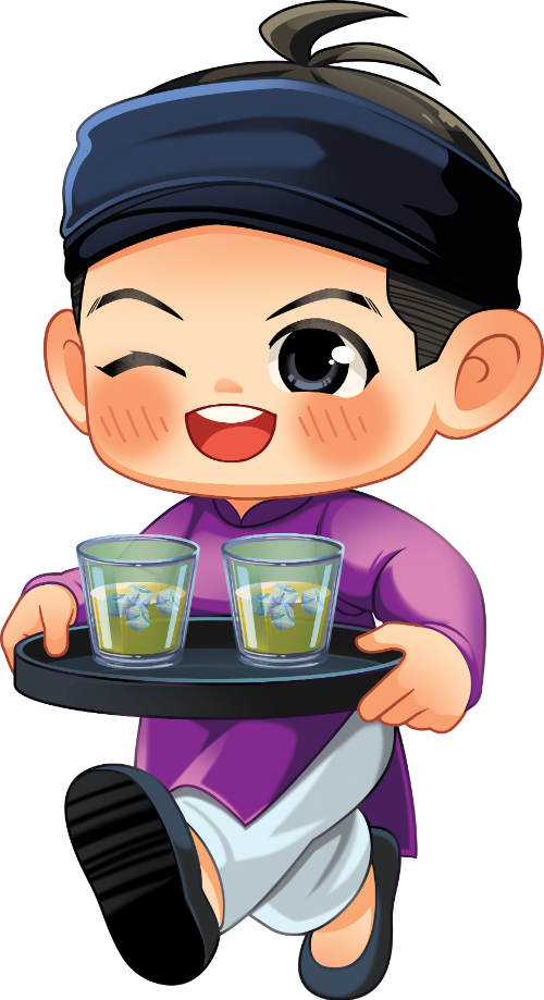 Chàng trai, bưng khay nước, đàn ông, áo dài tím, khăn đóng, nháy mắt, trà đá, phục vụ, boy, carrying drinks tray, man, purple ao dai, headscarf, winking, iced tea, serving