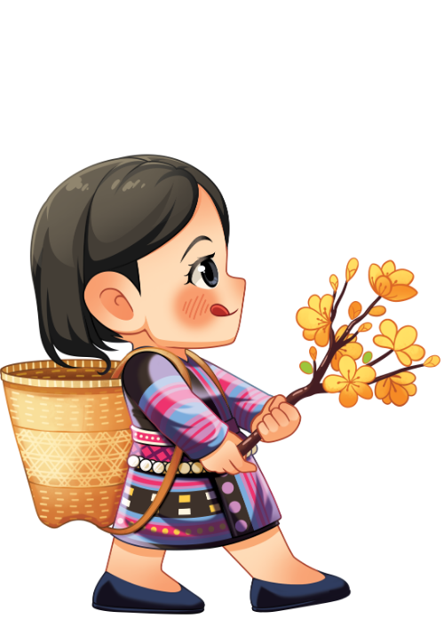 Cô gái, đi bộ, dân tộc, gùi tre, hoa mai, trang phục dân tộc, thổ cẩm, vùng cao, tết, girl, walking, ethnic minority, bamboo backpack, apricot blossom, ethnic costume, brocade, highland, tet holiday