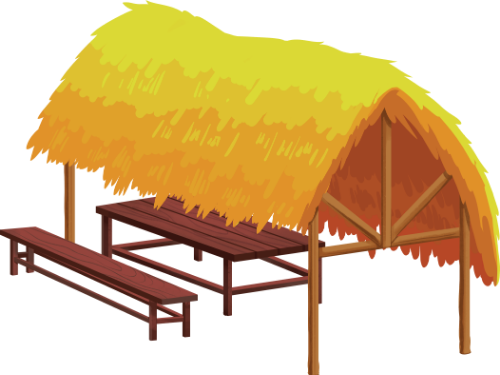 Nhà chòi, mái rơm, bàn gỗ, ghế dài, nông thôn, nghỉ chân, mộc mạc, hut, straw roof, wooden table, bench, countryside, resting place, rustic
