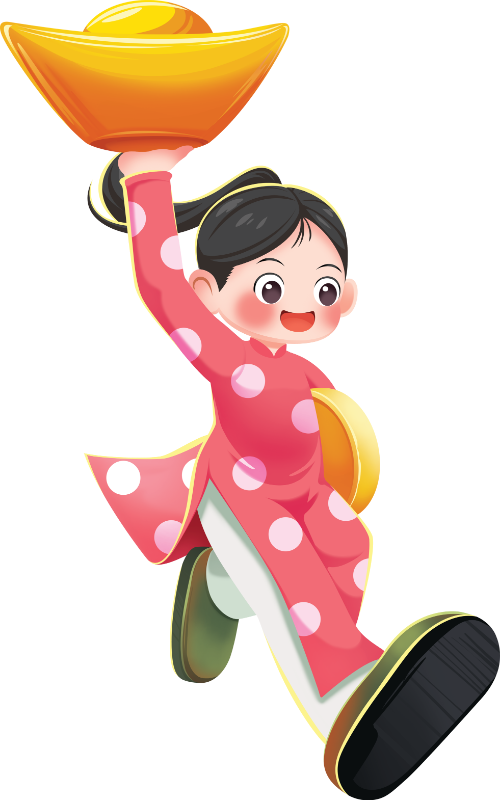 Cô gái, cầm thỏi vàng chạy, phụ nữ, áo dài, hồng, thỏi vàng, đồng xu, may mắn, girl, holding gold ingot running, women, ao dai, pink, gold ingot, coin, luck
