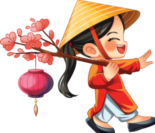 Cô gái, cười, áo dài, nón lá, cành đào, lồng đèn, đi bộ, tết, truyền thống, girl, laughing, ao dai, conical hat, peach blossom branch, lantern, walking, tet holiday, traditional