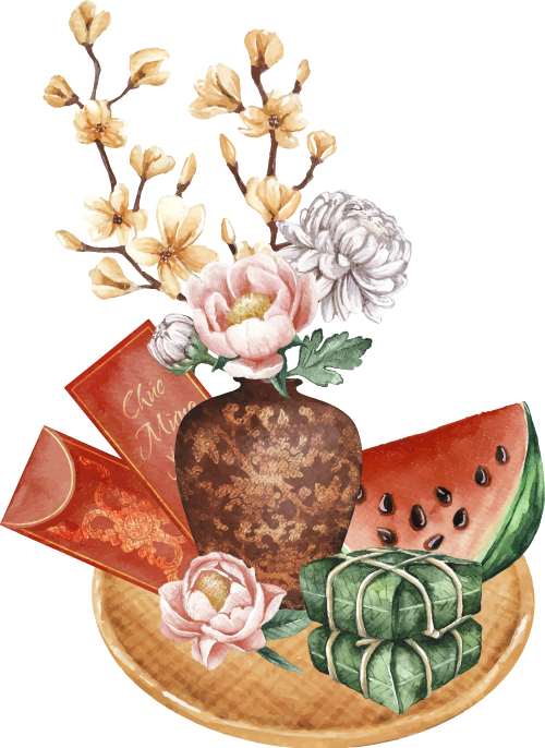 Bình hoa tết, tết, bình gốm, hoa mẫu đơn, hoa mai, bánh chưng, dưa hấu, bao lì xì, truyền thống, việt nam, tet flower vase, tet holiday, ceramic vase, peony, apricot blossom, chung cake, watermelon, red envelope, traditional, vietnam