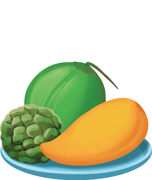 Xoài, dừa, na, trái cây, đồ ăn, tươi ngon, màu xanh, màu vàng, đĩa xanh, mango, coconut, custard apple, fruit, food, fresh, green, yellow, blue plate