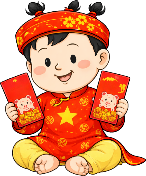 Em bé, mỉm cười vui vẻ, con người, áo dài đỏ, khăn đóng, bao lì xì hình con lợn, tiền vàng, tóc búi, tết truyền thống, baby, smiling happily, human, red ao dai, headpiece, pig red envelopes 1