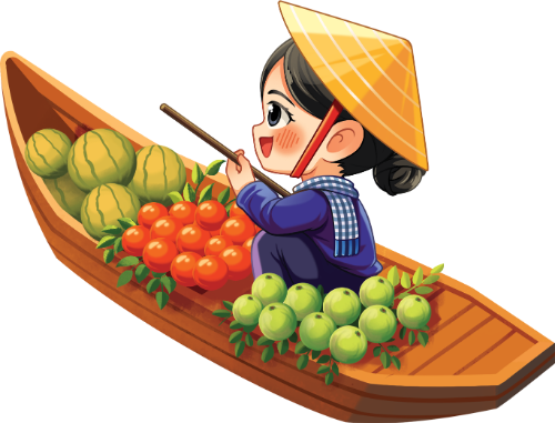 Cô gái, chèo thuyền trái cây, phụ nữ, nón lá, áo bà ba xanh, dưa hấu, quýt, ổi, sông nước, girl, rowing fruit boat, women, conical hat, blue ba ba shirt, watermelon, tangerine, guava, river
