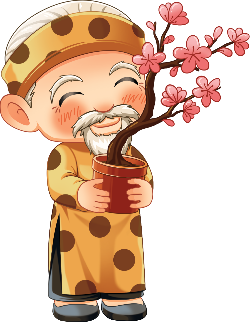 Ông cụ, ôm chậu hoa mai, đàn ông, áo dài vàng, khăn đóng, râu trắng, mỉm cười, tết, old man, holding apricot blossom pot, man, yellow ao dai, headscarf, white beard, smiling, lunar new year