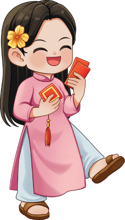Cô gái nhận lì bao lì xì, cô gái, cười tươi, phụ nữ, áo dài hồng, bao lì xì, hoa cài tóc, tết nguyên đán, vui vẻ, girl receiving lucky money, girl, smiling, women, pink ao dai, red envelopes, hair flower, lunar new year, happy