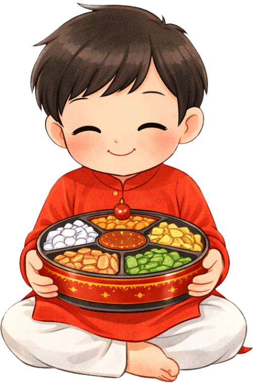 Cậu bé, ôm khay mứt
