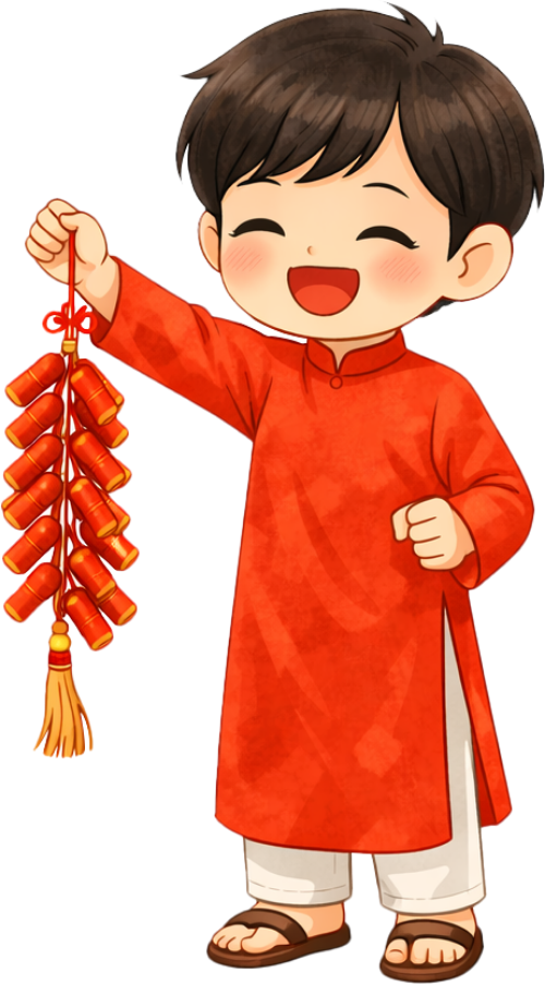 Cậu bé, cầm dây pháo