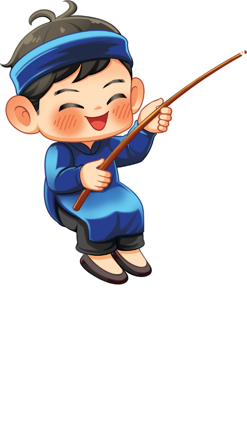 Chàng trai, cầm cần câu, đàn ông, áo dài xanh, khăn đóng, tóc đen, mỉm cười, ngồi, boy, holding fishing rod, man, blue ao dai, traditional headgear, black hair, smiling, sitting
