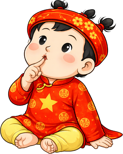 Em bé, ngồi suy nghĩ, trẻ em, tết nguyên đán, áo dài đỏ, ngôi sao vàng, khăn đóng, dễ thương, ngồi bệt, mỉm cười, baby, sitting and thinking, children, lunar new year, red ao dai, yellow star, traditional hat, cute, sitting on floor, smiling