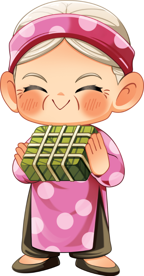 Bà cụ, cầm bánh chưng, phụ nữ, áo dài hồng, khăn đóng, mỉm cười, tết cổ truyền, người già, old woman, holding sticky rice cake, woman, pink ao dai, headscarf, smiling, traditional tet, elderly