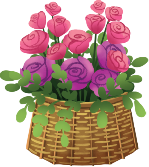 Giỏ hoa hồng, hoa hồng, màu tím, màu hồng, giỏ mây, lá xanh, trang trí, lãng mạn, rose basket, rose, purple, pink, wicker basket, green leaves, decoration, romantic