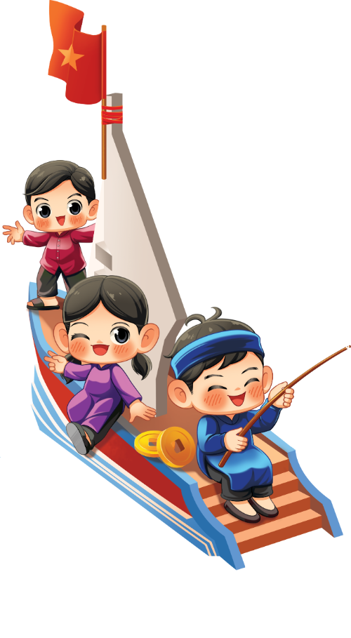 Ba bạn nhỏ trên tàu, vui chơi, trẻ em, tàu thủy, cờ việt nam, đồng tiền vàng, áo dài, áo bà ba, lễ hội, three kids on boat, playing, children, ship, vietnam flag, gold coins, ao dai, ba ba shirt, festival